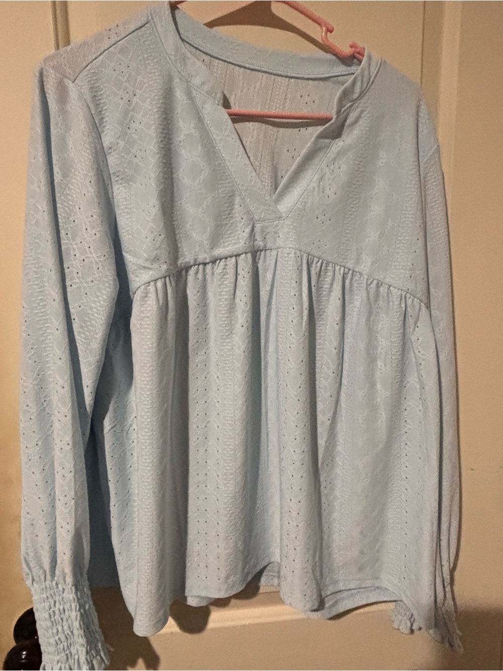 Light Blue Eyelet Peasant Tunic with V-Neck